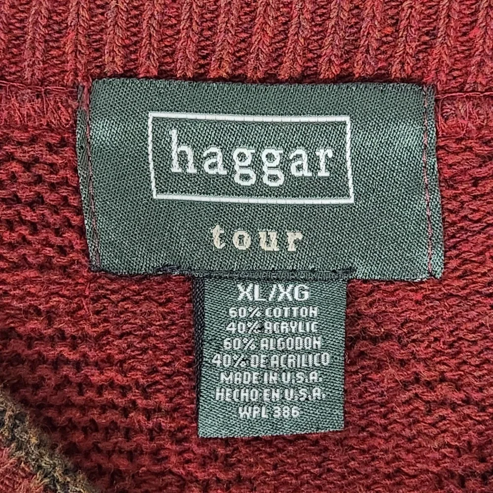 Haggar Tour Mens XL V-Neck Sweater Burgundy Red Diamond Knit Golf Embroidered